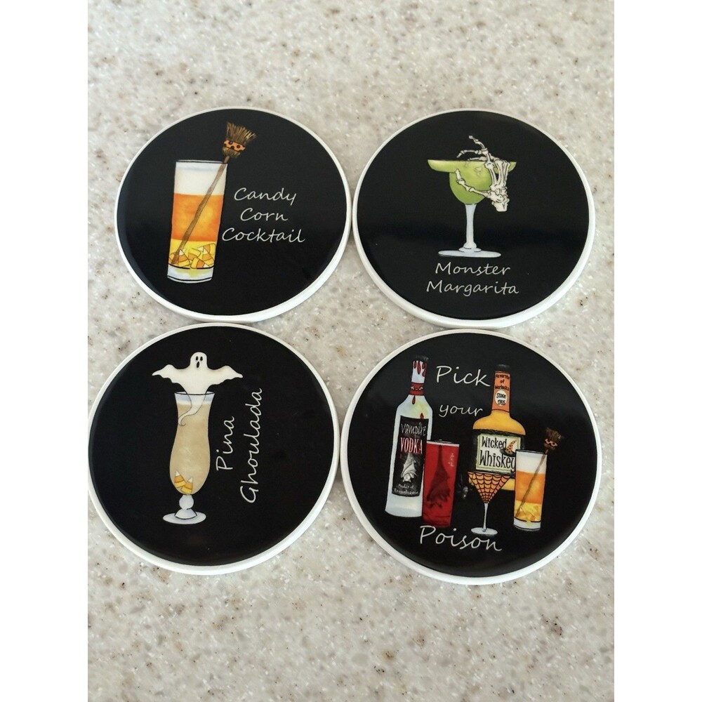 Halloween Ceramic Coasters Cork Back Pick Your Poison Candy Corn Cocktail Set 4